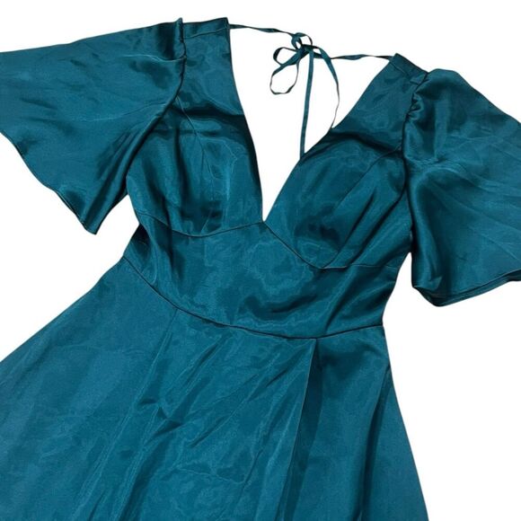 Galina Signature Emerald Charmeuse Flutter-Sleeve A-Line Dress 0 - Picture 3 of 5